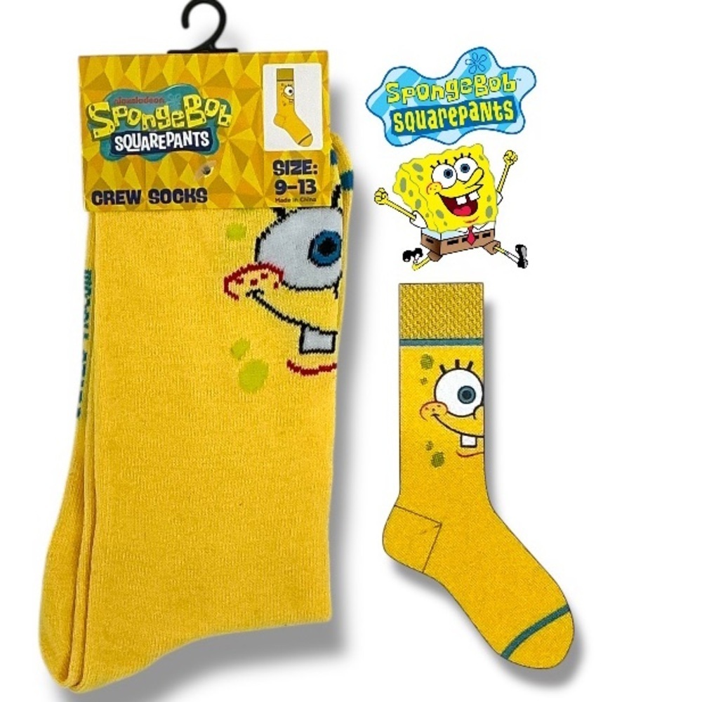 SpongeBob Novelty Crew Socks Nickelodeon Yellow Adult Unisex Mens One Size 9-13
